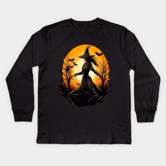 Halloween Witch Floating in a Creepy Forest with Bats Kids Long Sleeve T-Shirt by BirdsnStuff
