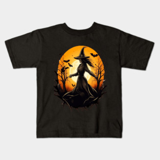 Halloween Witch Floating in a Creepy Forest with Bats Kids T-Shirt