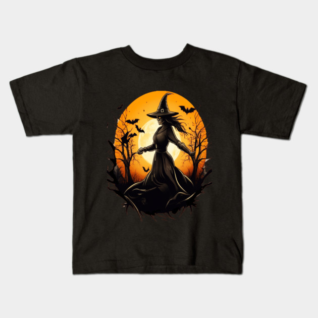 Halloween Witch Floating in a Creepy Forest with Bats Kids T-Shirt by BirdsnStuff