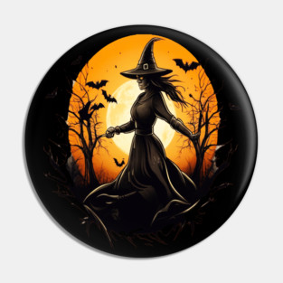 Halloween Witch Floating in a Creepy Forest with Bats Pin