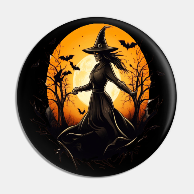 Halloween Witch Floating in a Creepy Forest with Bats Pin by BirdsnStuff