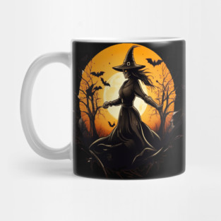 Halloween Witch Floating in a Creepy Forest with Bats Mug