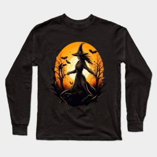 Halloween Witch Floating in a Creepy Forest with Bats Long Sleeve T-Shirt