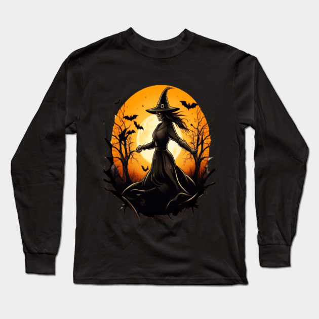 Halloween Witch Floating in a Creepy Forest with Bats Long Sleeve T-Shirt by BirdsnStuff
