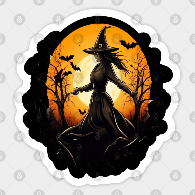 Halloween Witch Floating in a Creepy Forest with Bats Sticker by BirdsnStuff