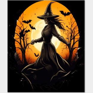 Halloween Witch Floating in a Creepy Forest with Bats Posters and Art