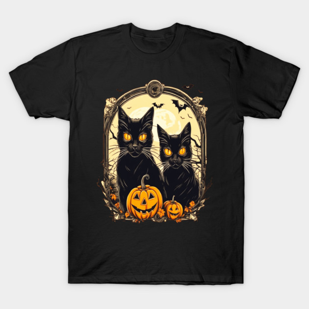 Halloween Black Cats and Spooky Pumpkins T-Shirt by BirdsnStuff