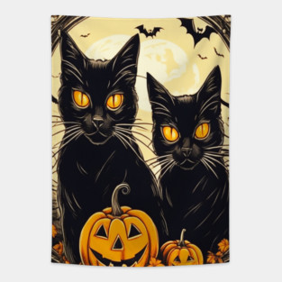 Halloween Black Cats and Spooky Pumpkins Tapestry
