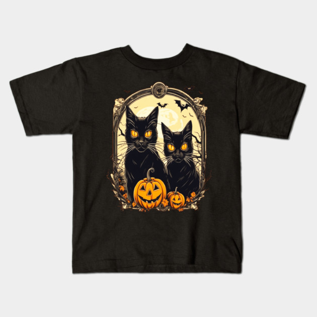 Halloween Black Cats and Spooky Pumpkins Kids T-Shirt by BirdsnStuff