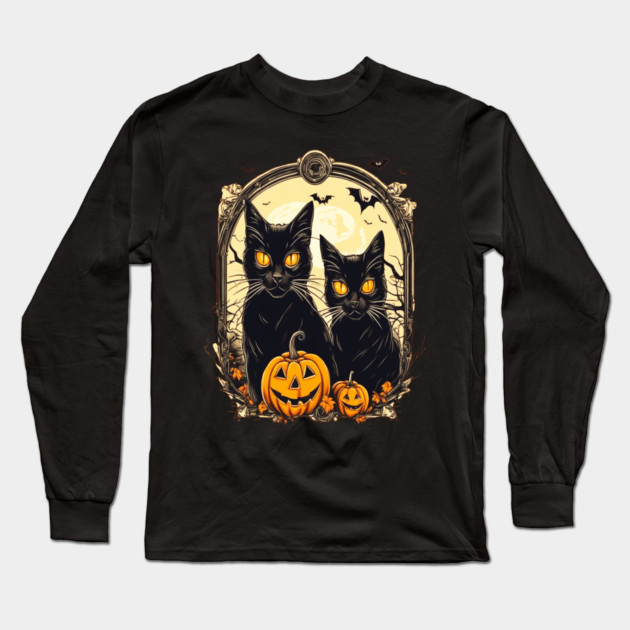 Halloween Black Cats and Spooky Pumpkins Long Sleeve T-Shirt by BirdsnStuff