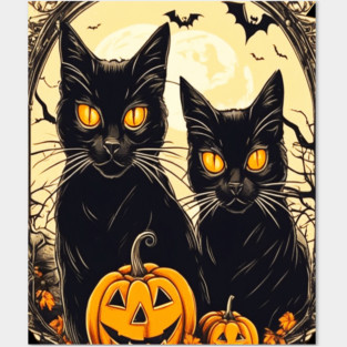 Halloween Black Cats and Spooky Pumpkins Posters and Art