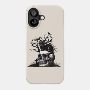 Skull and Cat for Halloween, raven, crow, gothic, occult, witches, cat ,skeleton with cats, black and white drawing Phone Case