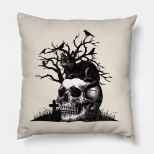 Skull and Cat for Halloween, raven, crow, gothic, occult, witches, cat ,skeleton with cats, black and white drawing Pillow