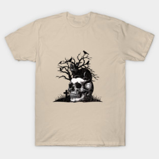Skull and Cat for Halloween, raven, crow, gothic, occult, witches, cat ,skeleton with cats, black and white drawing T-Shirt