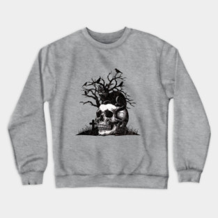 Skull and Cat for Halloween, raven, crow, gothic, occult, witches, cat ,skeleton with cats, black and white drawing Crewneck Sweatshirt