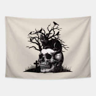 Skull and Cat for Halloween, raven, crow, gothic, occult, witches, cat ,skeleton with cats, black and white drawing Tapestry