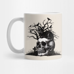Skull and Cat for Halloween, raven, crow, gothic, occult, witches, cat ,skeleton with cats, black and white drawing Mug