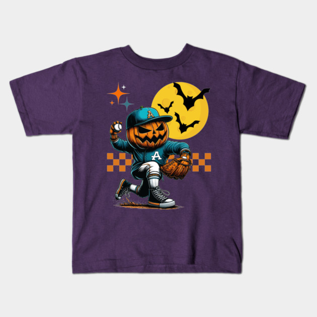 Halloween Baseball Player Pumpkin Kids T-Shirt by JessArty