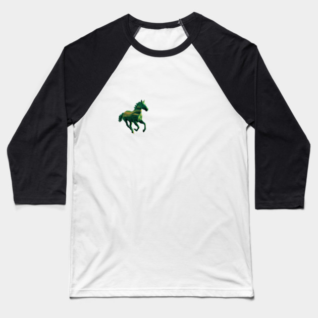 Green Horse in Mid-Gallop with Flowing Mane and Tail Artistic or Conceptual Rather than Natural Baseball T-Shirt by animegirlnft