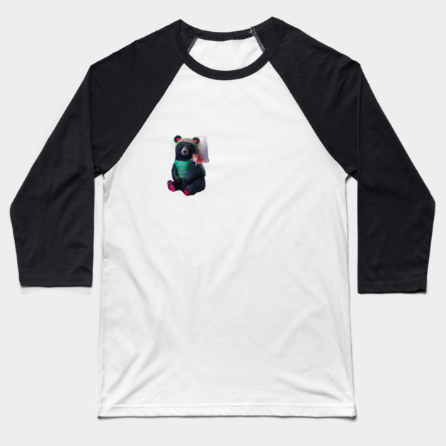 black bear wearing a green bib with the text “WHAT YOU MEAN JUICE FREE?” and a green hat with red dots. The bear is holding a fish in its left paw and sitting with its right paw resting on its leg, displaying pink pads on the soles of its feet Baseball T-Shirt by animegirlnft
