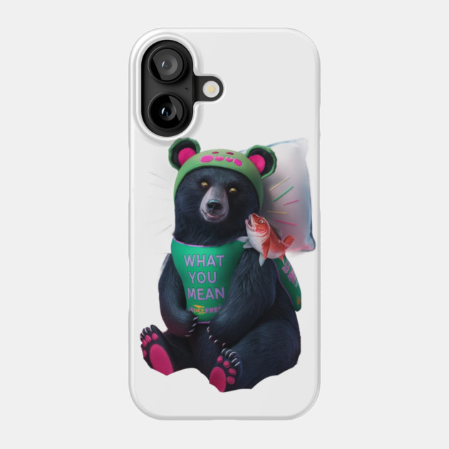 black bear wearing a green bib with the text “WHAT YOU MEAN JUICE FREE?” and a green hat with red dots. The bear is holding a fish in its left paw and sitting with its right paw resting on its leg, displaying pink pads on the soles of its feet Phone Case by animegirlnft