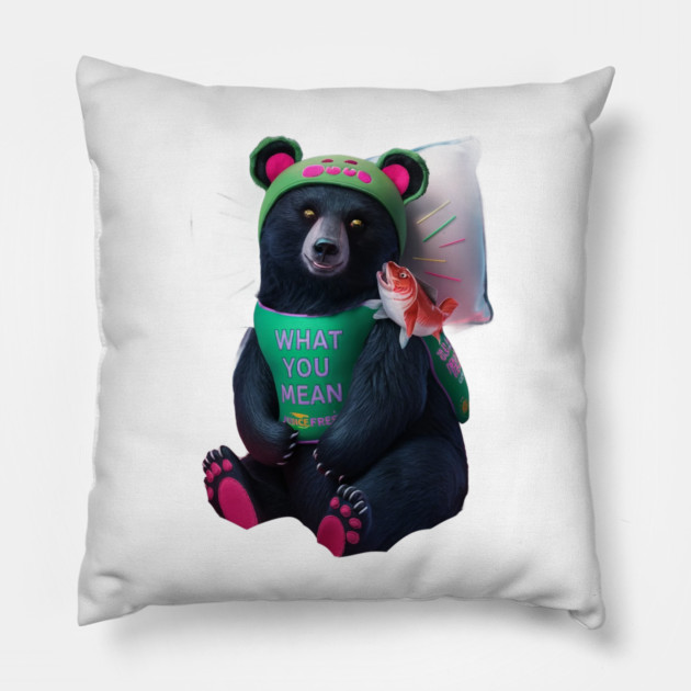 black bear wearing a green bib with the text “WHAT YOU MEAN JUICE FREE?” and a green hat with red dots. The bear is holding a fish in its left paw and sitting with its right paw resting on its leg, displaying pink pads on the soles of its feet Pillow by animegirlnft