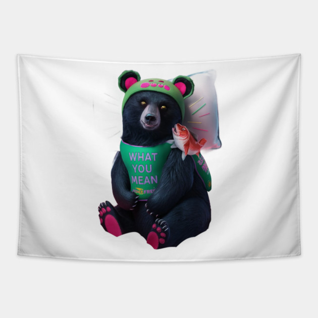 black bear wearing a green bib with the text “WHAT YOU MEAN JUICE FREE?” and a green hat with red dots. The bear is holding a fish in its left paw and sitting with its right paw resting on its leg, displaying pink pads on the soles of its feet Tapestry by animegirlnft
