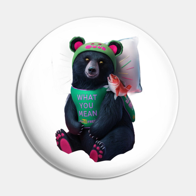 black bear wearing a green bib with the text “WHAT YOU MEAN JUICE FREE?” and a green hat with red dots. The bear is holding a fish in its left paw and sitting with its right paw resting on its leg, displaying pink pads on the soles of its feet Pin by animegirlnft