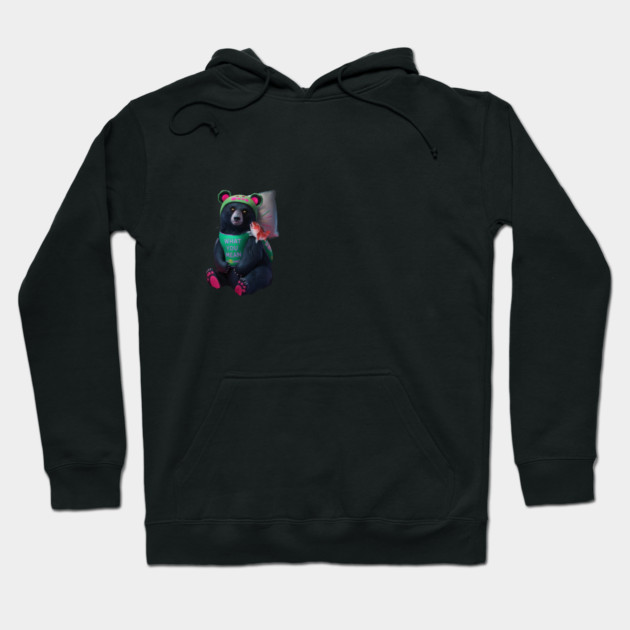 black bear wearing a green bib with the text “WHAT YOU MEAN JUICE FREE?” and a green hat with red dots. The bear is holding a fish in its left paw and sitting with its right paw resting on its leg, displaying pink pads on the soles of its feet Hoodie by animegirlnft