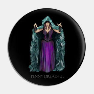 Penny Dreadful - Witch Horror Hostess in Hooded Cloak WITH "Penny Dreadful" TEXT - by Liz LaFrance Pin