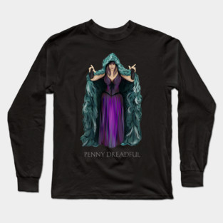 Penny Dreadful - Witch Horror Hostess in Hooded Cloak WITH "Penny Dreadful" TEXT - by Liz LaFrance Long Sleeve T-Shirt