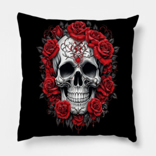 Gothic Rose skull, Edgy skull art Black and white skull Pillow