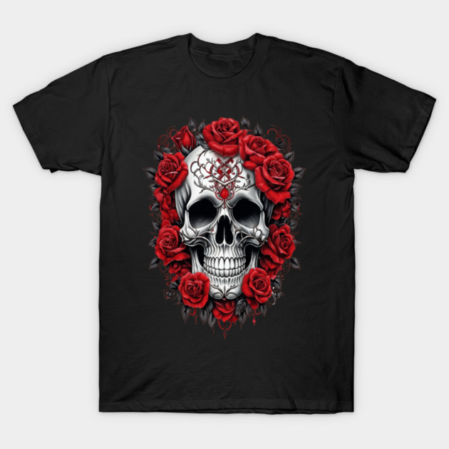 Gothic Rose skull, Edgy skull art Black and white skull T-Shirt by BirdsnStuff