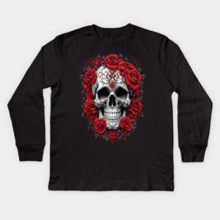 Gothic Rose skull, Edgy skull art Black and white skull Kids Long Sleeve T-Shirt