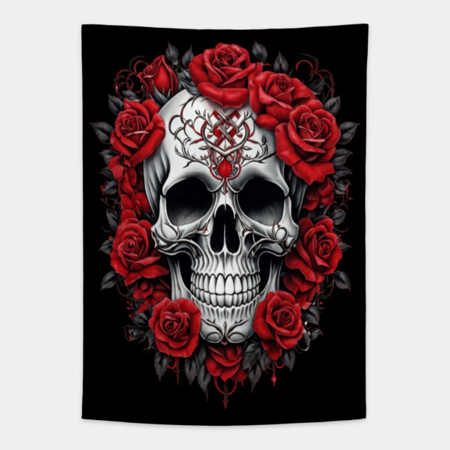 Gothic Rose skull, Edgy skull art Black and white skull Tapestry by BirdsnStuff