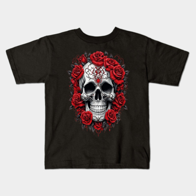 Gothic Rose skull, Edgy skull art Black and white skull Kids T-Shirt by BirdsnStuff