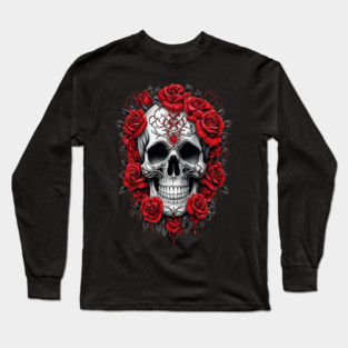 Gothic Rose skull, Edgy skull art Black and white skull Long Sleeve T-Shirt