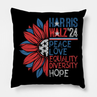 Harris Walz 2024 Peace Love Equality Hope Diversity Sunflower Pillow