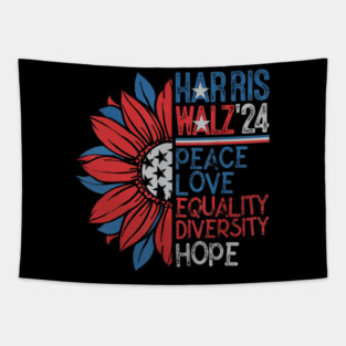 Harris Walz 2024 Peace Love Equality Hope Diversity Sunflower Tapestry