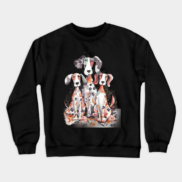 Whimsical Illustration Featuring Three Dogs with Patchwork Like Patterns on Their Bodies Crewneck Sweatshirt by animegirlnft