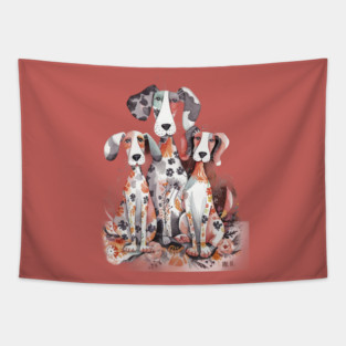 Whimsical Illustration Featuring Three Dogs with Patchwork Like Patterns on Their Bodies Tapestry