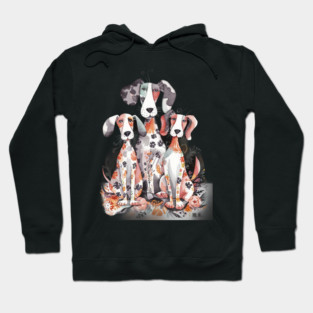 Whimsical Illustration Featuring Three Dogs with Patchwork Like Patterns on Their Bodies Hoodie