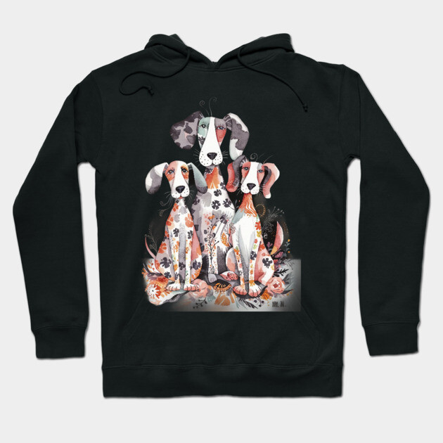 Whimsical Illustration Featuring Three Dogs with Patchwork Like Patterns on Their Bodies Hoodie by animegirlnft