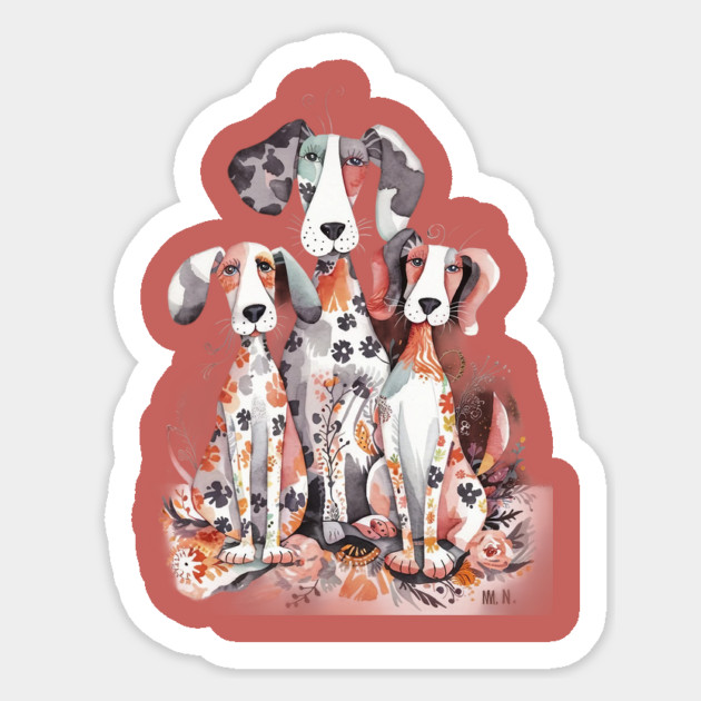 Whimsical Illustration Featuring Three Dogs with Patchwork Like Patterns on Their Bodies Sticker by animegirlnft