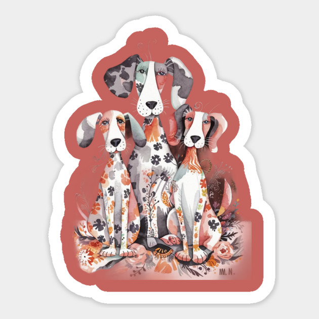 Whimsical Illustration Featuring Three Dogs with Patchwork Like Patterns on Their Bodies Magnet by animegirlnft