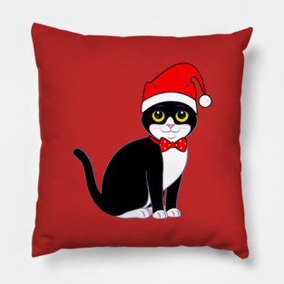 Tuxedo Cat in Bowtie at Christmas Pillow