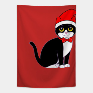 Tuxedo Cat in Bowtie at Christmas Tapestry