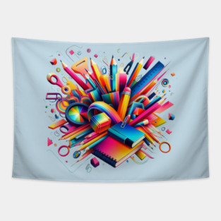 School Supplies, Back to School: Creative School Patterns, Minimalist School Patterns, Abstract Art Supplies, Abstract School Art - Back to School Vibes, Ideal Gift. Tapestry