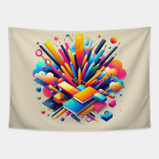 School Supplies, Back to School: Creative School Patterns, Shape Inspired Art - School Supplies Edition, Abstract School Art - Back to School Vibes, Ideal Gift. Tapestry