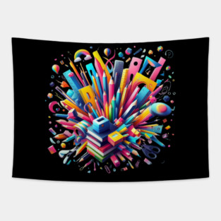 School Supplies, Back to School: Creative School Patterns, Abstract Art Supplies - Artistic School Supplies, Back to School Vibes, Ideal Gift. Tapestry
